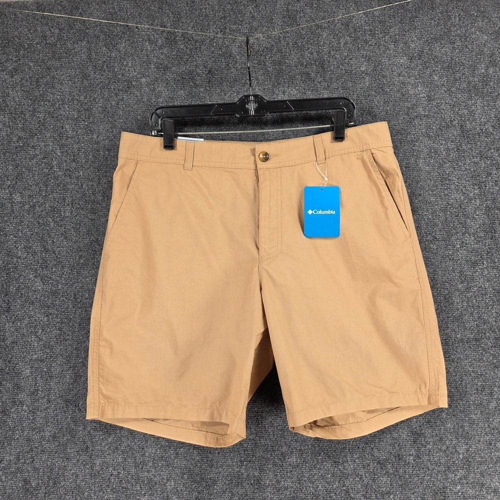 Columbia Mens Washed Out Shorts 36" Fossil Tan Cotton Poplin Flat Front NEW